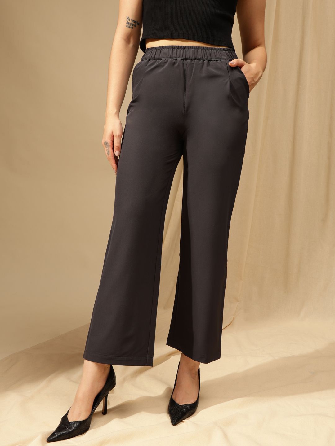 

Xpose Women High-Rise Loose Fit Pleated Comfort Trousers, Grey