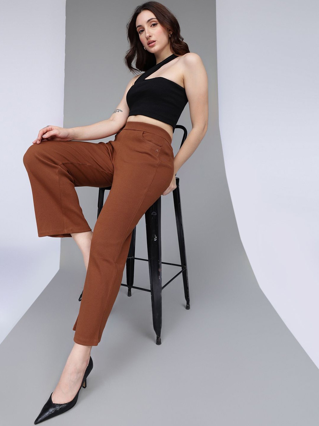 

Xpose Women Comfort High-Rise Ribbed Wide Leg Trousers, Coffee brown