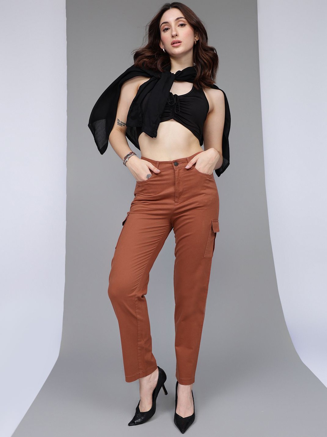 

Xpose Women Comfort High-Rise Straight Fit Cargos Trousers, Rust