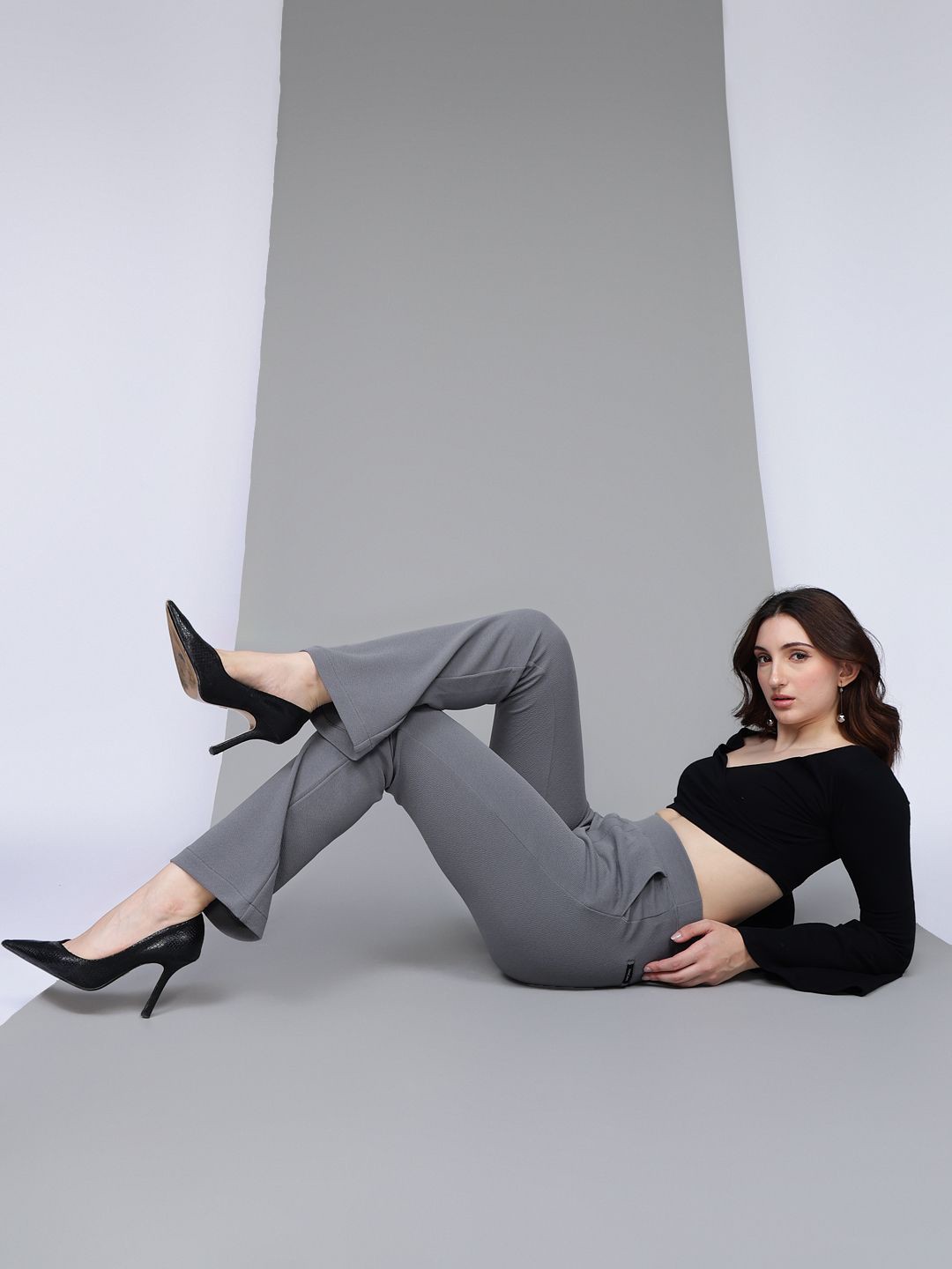 

Xpose Women Comfort Flared High-Rise Trousers, Grey