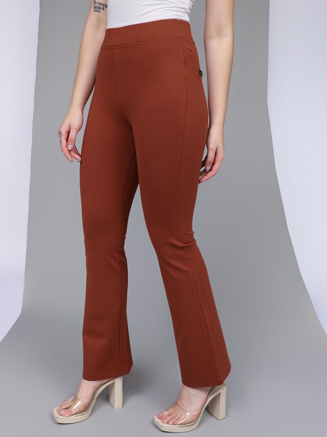 

Xpose Women Comfort Flared High-Rise Trousers, Rust