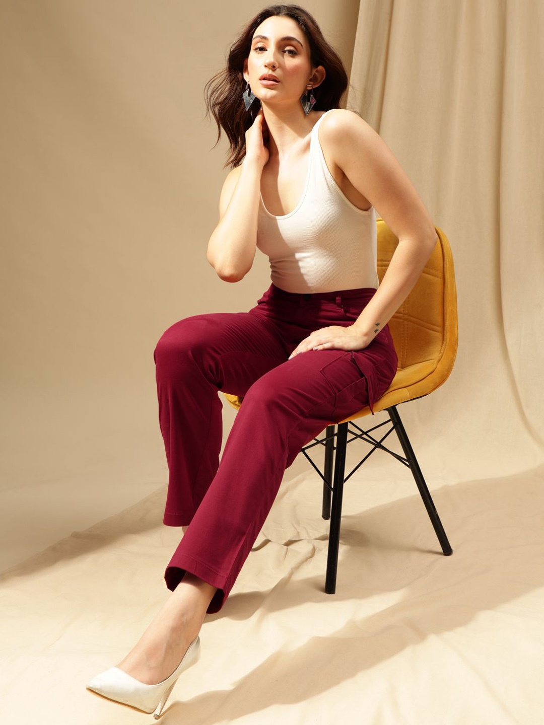 

Xpose Women Comfort Straight Fit High-Rise Cargo Trousers, Maroon