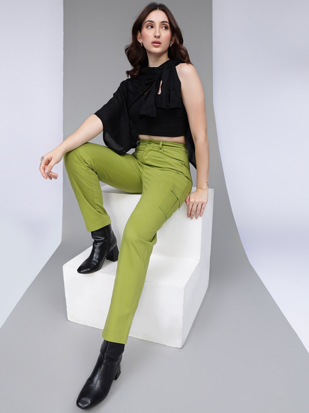 

Xpose Women Comfort High-Rise Straight Fit Cargos Trousers, Green