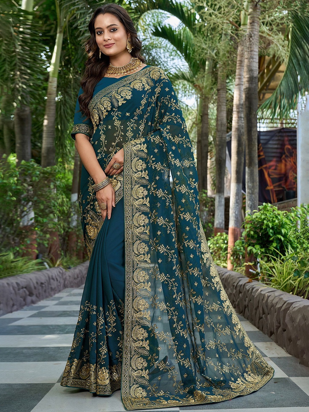 

Kedar Fab Floral Embroidered Saree, Blue