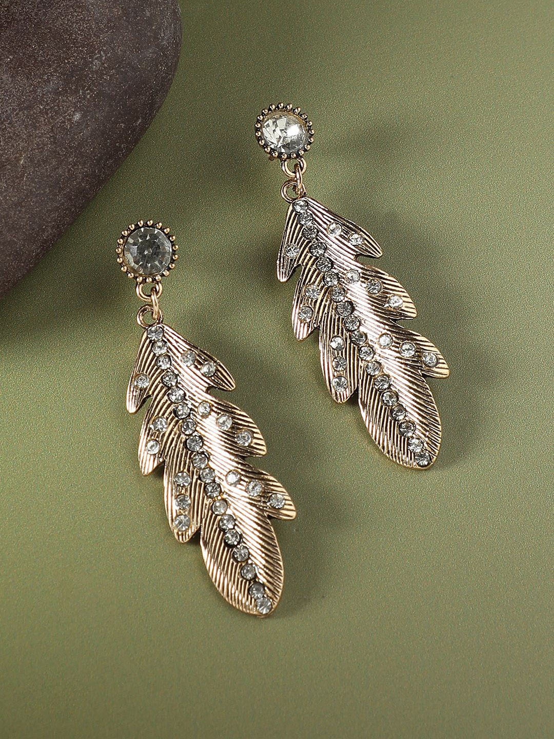 

SOHI Gold-Plated Stones Studded Lined Leaf Shaped Drop Earrings