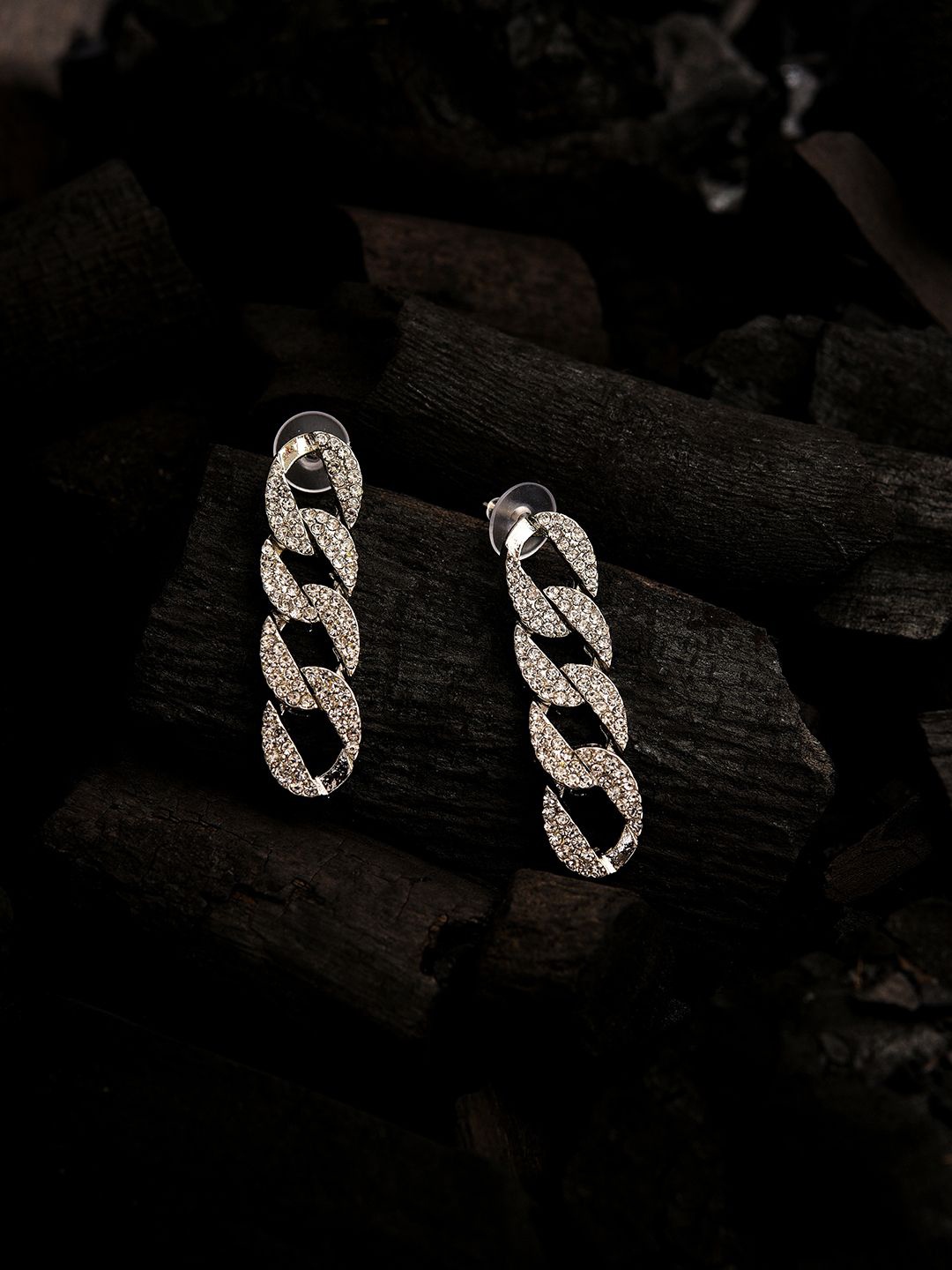 

SOHI Silver-Plated Stones Studded Contemporary Drop Earrings