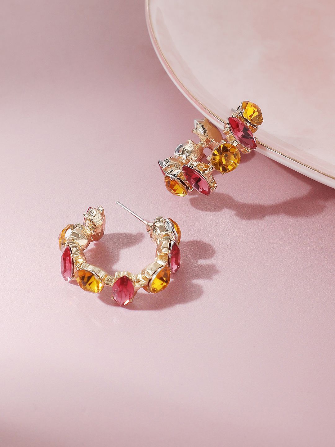 

SOHI Gold Plated Stone Studded Contemporary Half Hoop Earrings