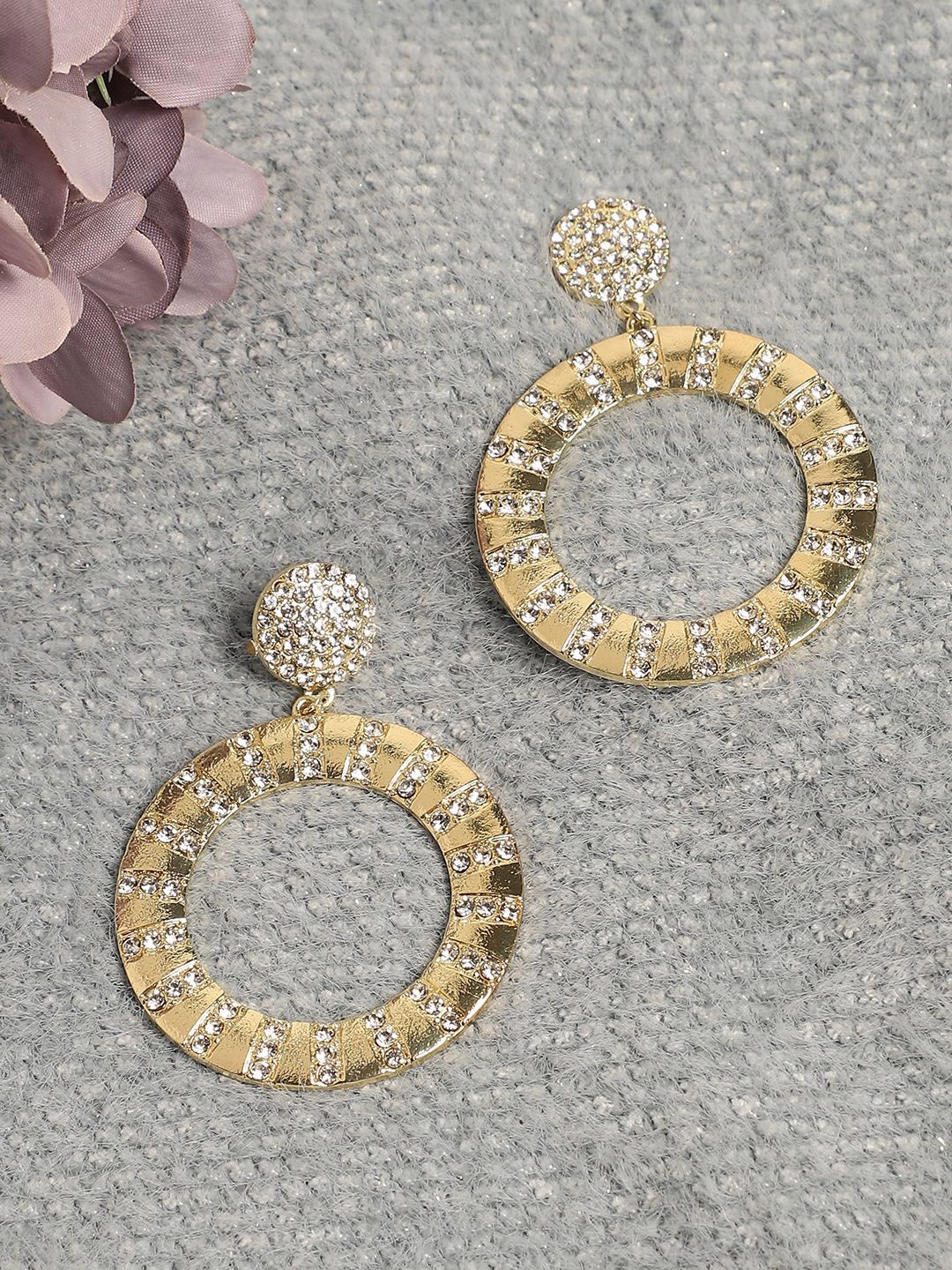 

SOHI Gold Plated Stone Studded Circular Drop Earrings