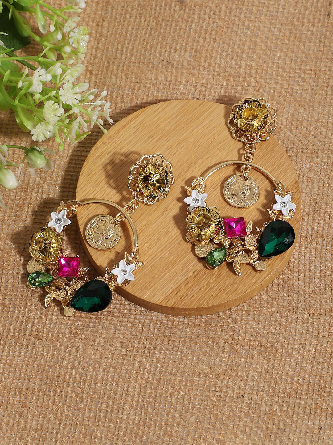 

SOHI Gold Plated Stone Studded Floral Drop Earrings