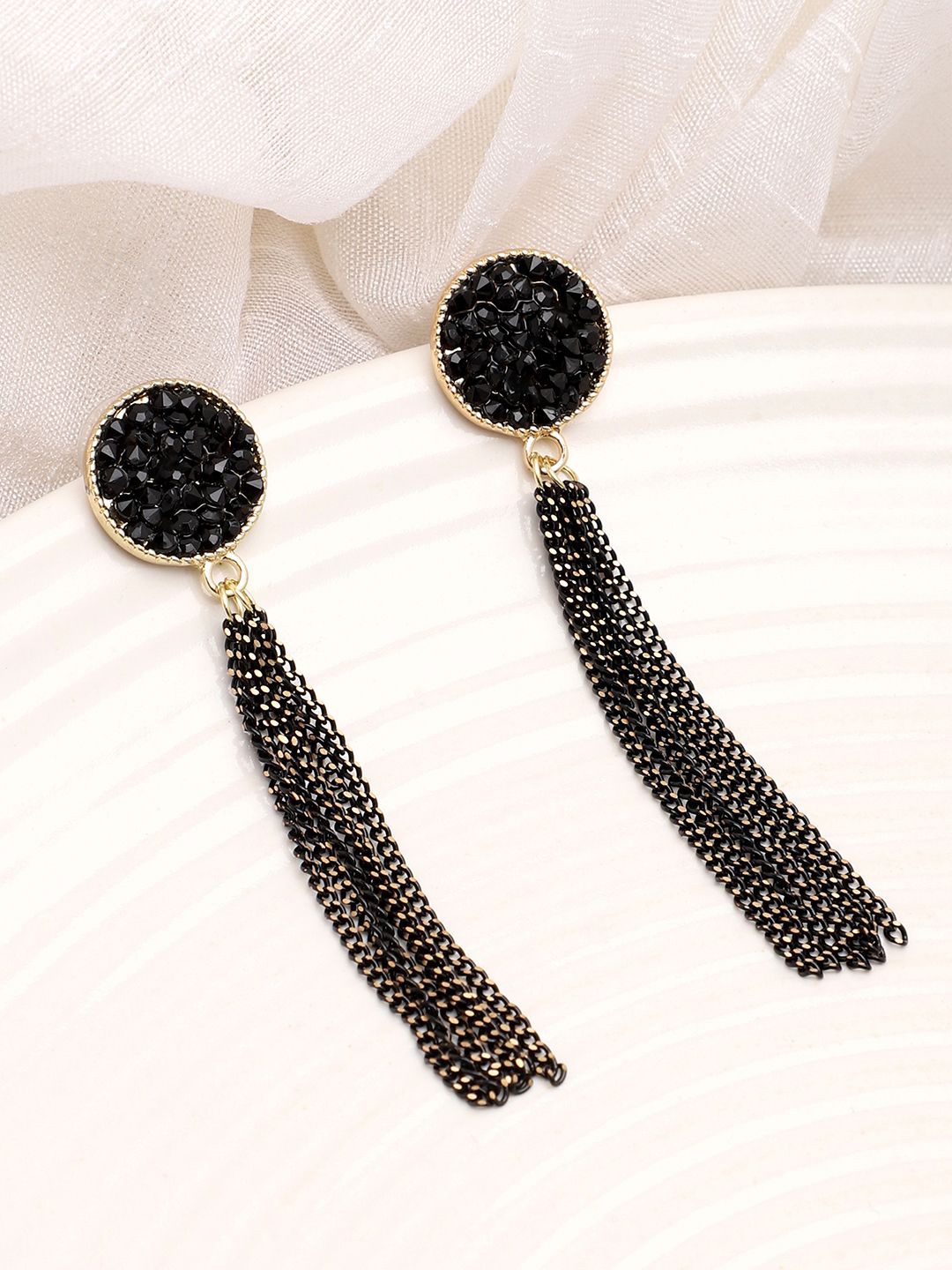 

SOHI Gold-Plated Stones Studded Contemporary Tasselled Drop Earrings