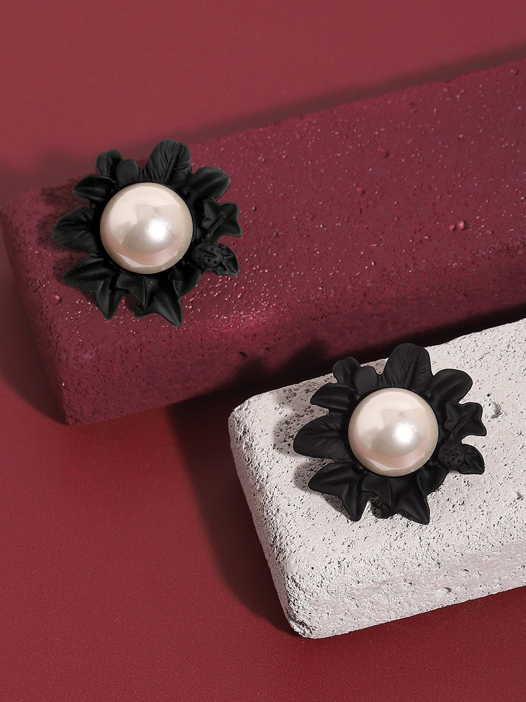 

SOHI Pearls Beaded Floral Studs Earrings, Black