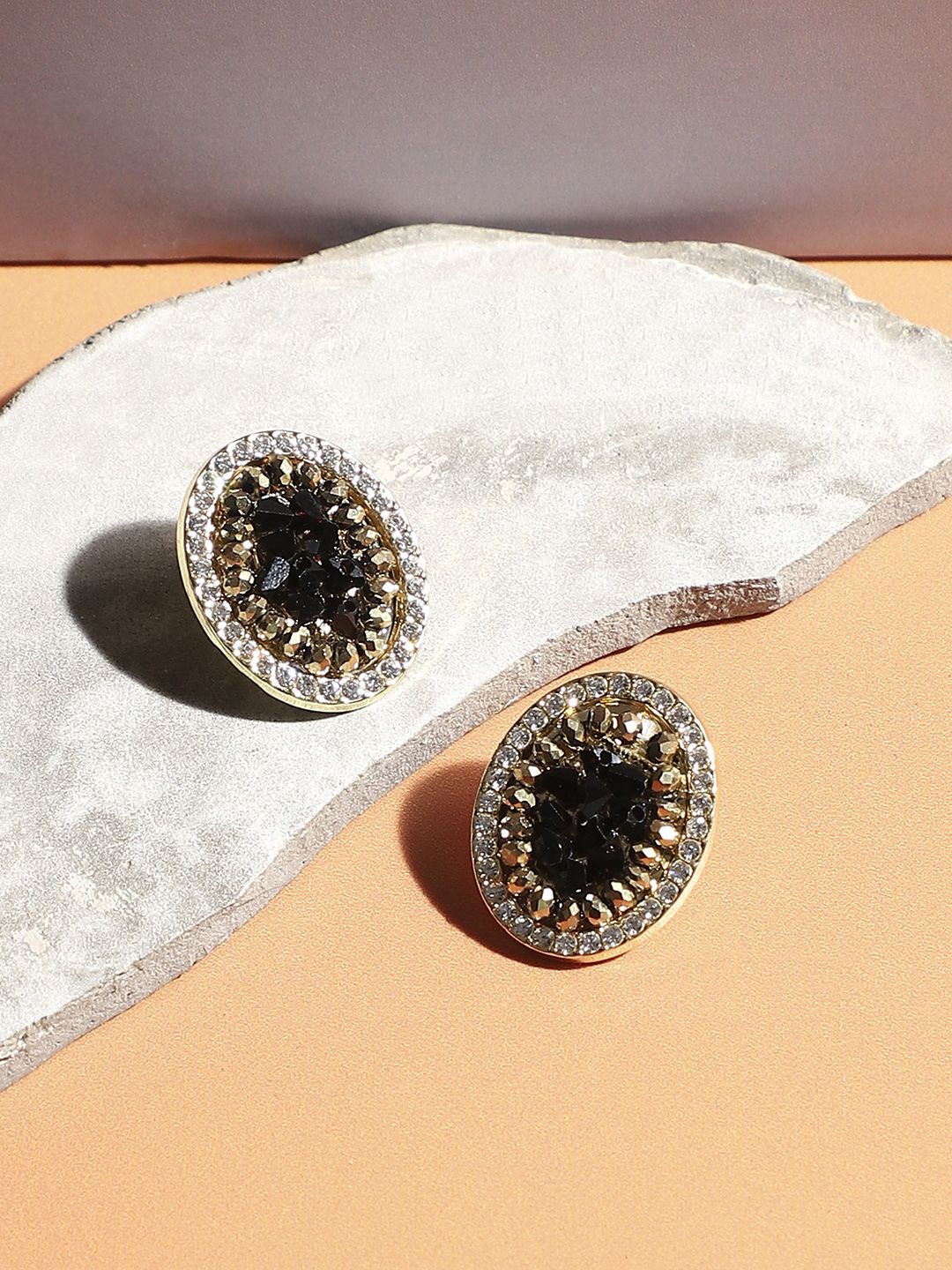 

SOHI Gold-Plated Stones Studded Cluster Oval Studs Earrings