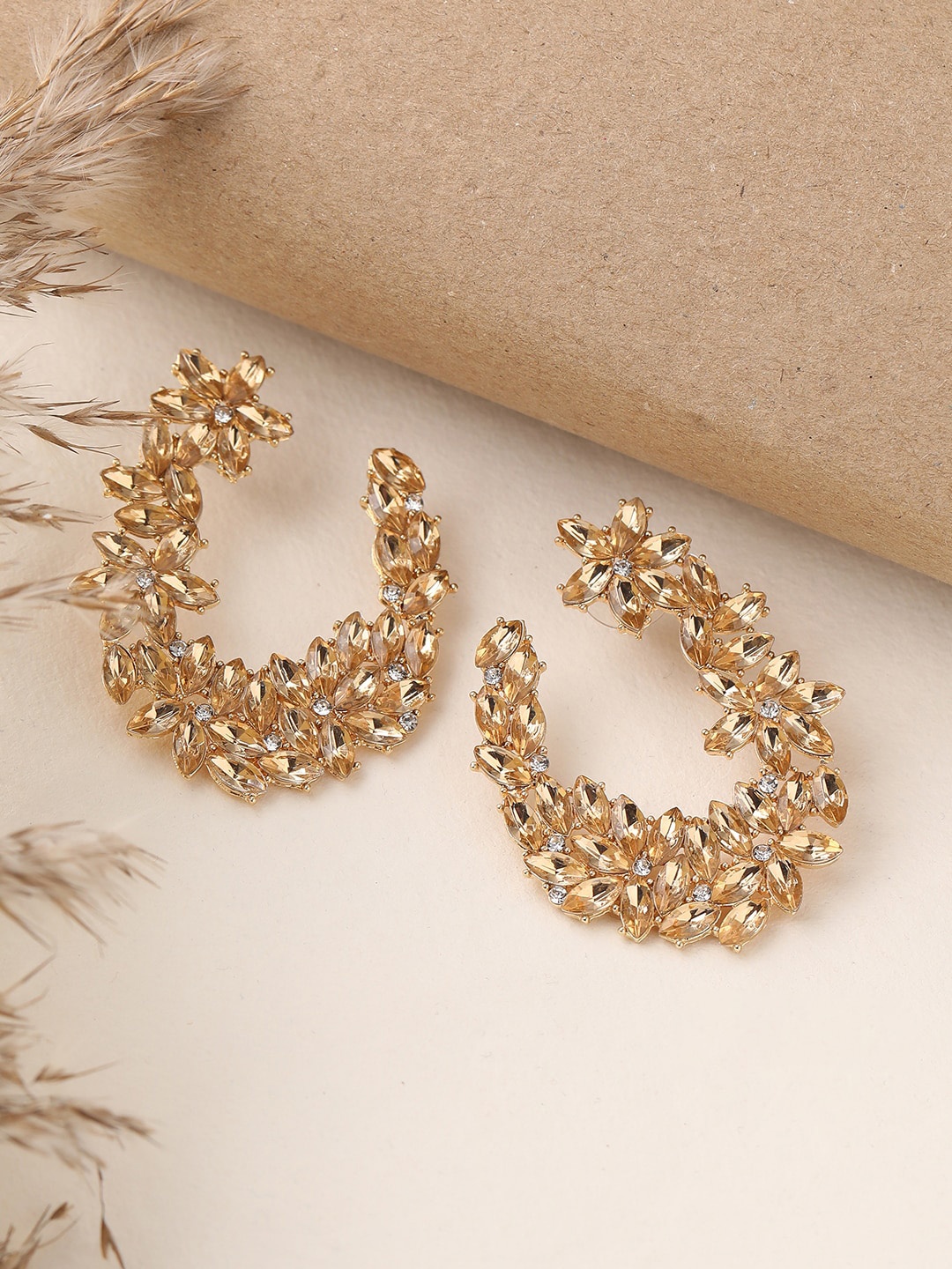 

SOHI Gold-Plated Stones Studded Floral Drop Earrings