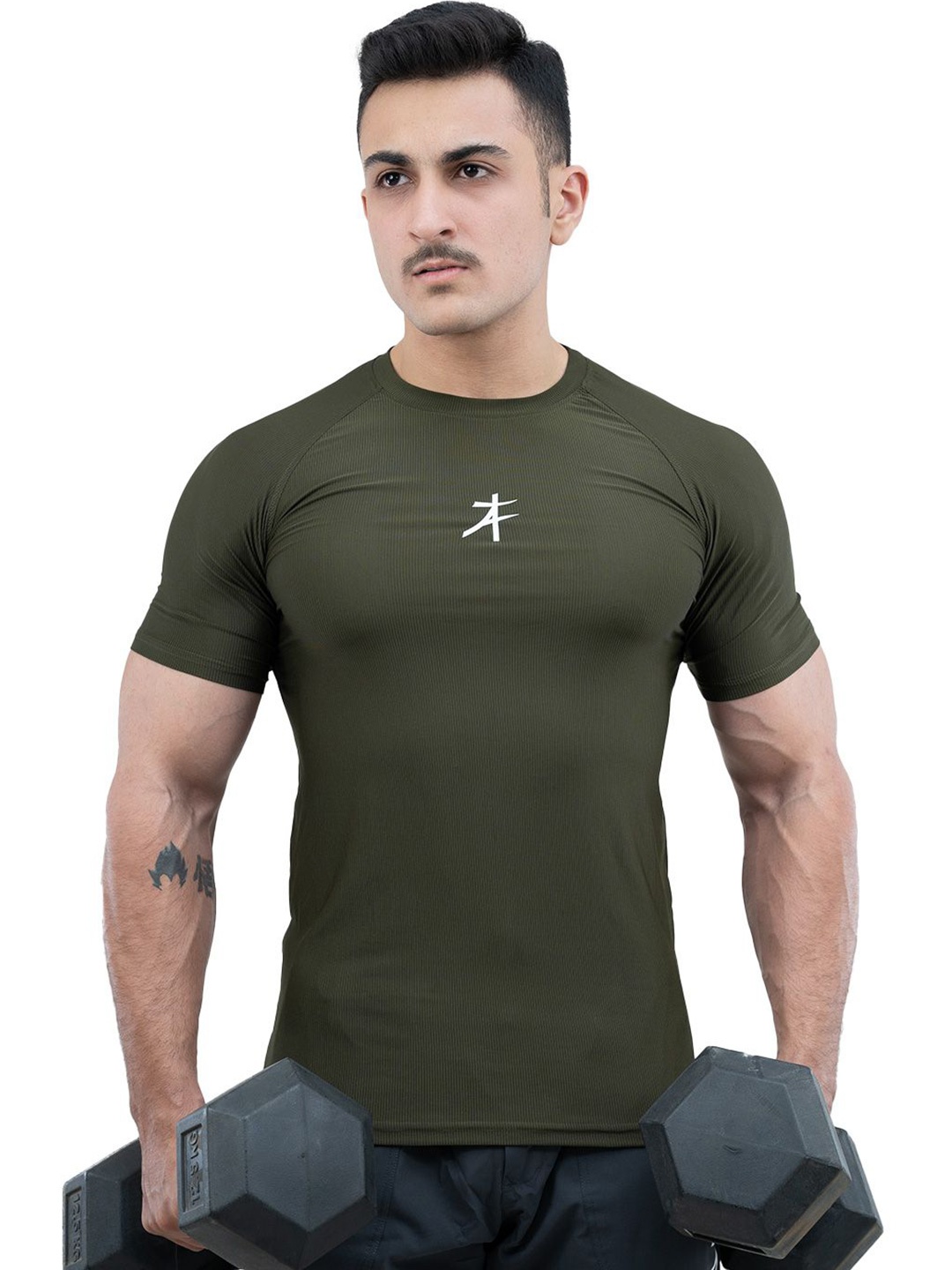 

Athflex Men Slim Fit Structure Moisture Wick Ribbed Gym T-Shirt, Olive