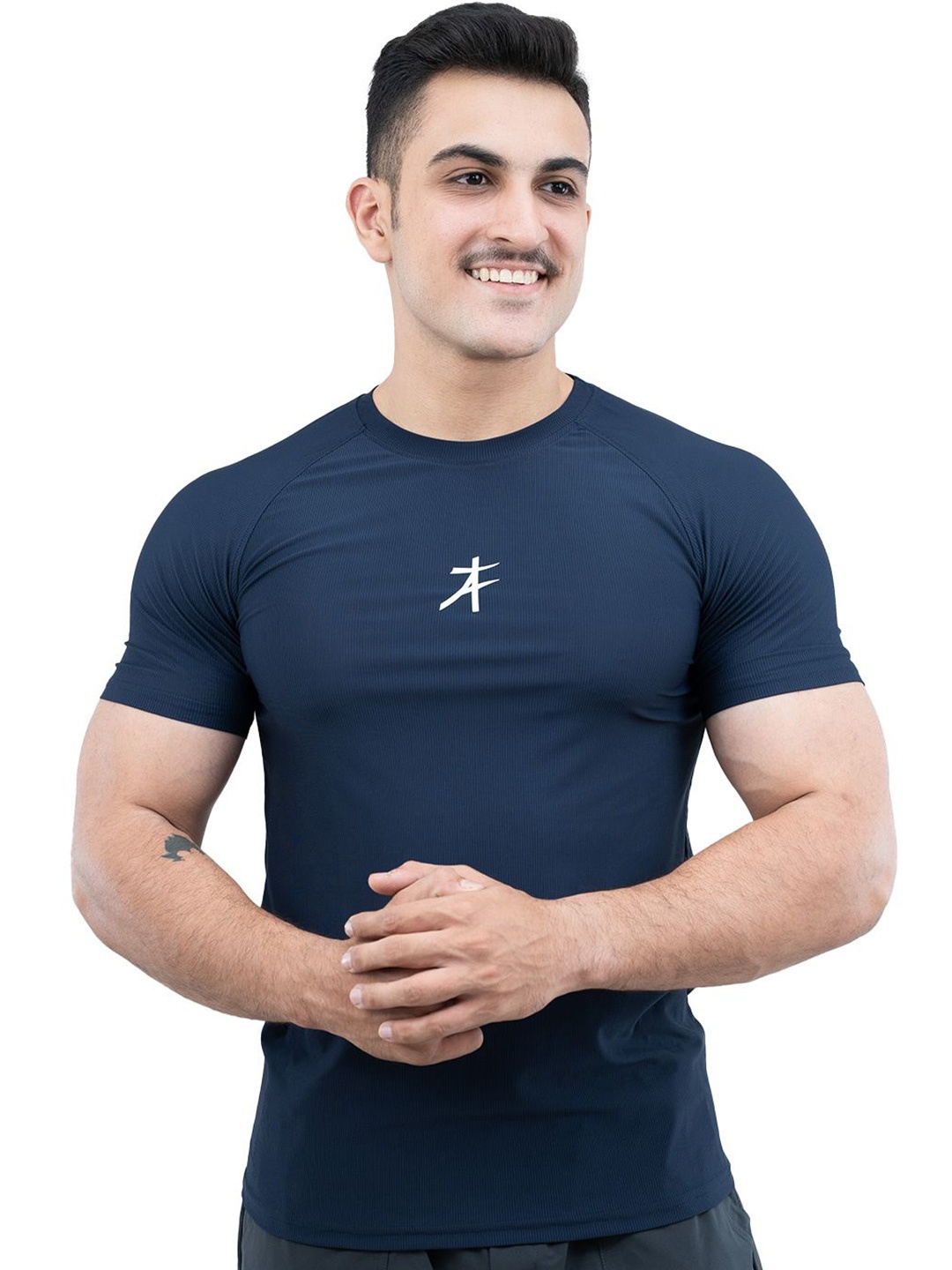 

Athflex Men Slim Fit Ribbed Structure Moisture Wick Gym Wear T-Shirt, Navy blue