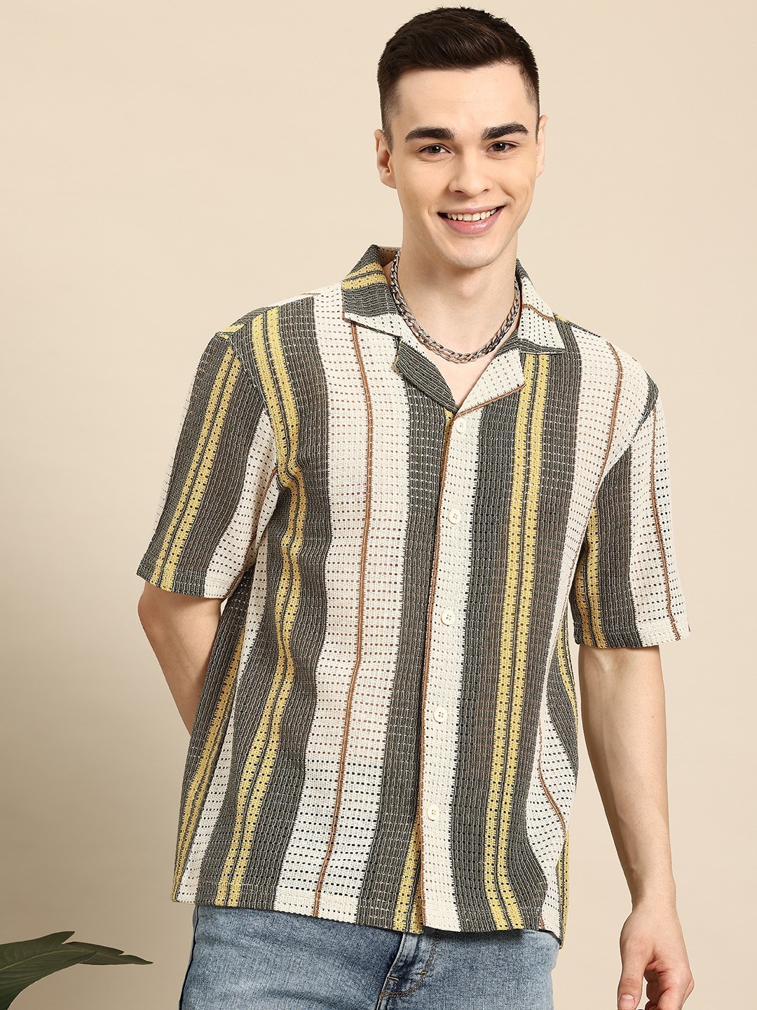 

Mast & Harbour Men Classic Cuban Collar Relaxed Fit Semi Sheer Casual Shirt, Multi