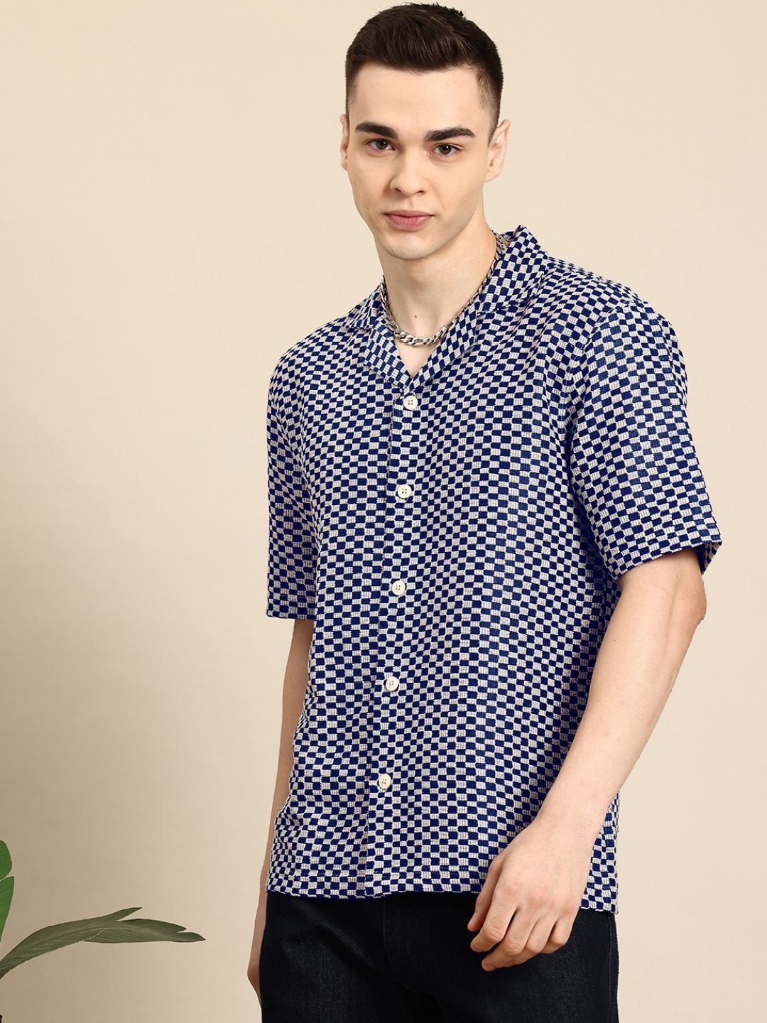 

Mast & Harbour Men Classic Cuban Collar Relaxed Fit Semi Sheer Casual Shirt, Off white