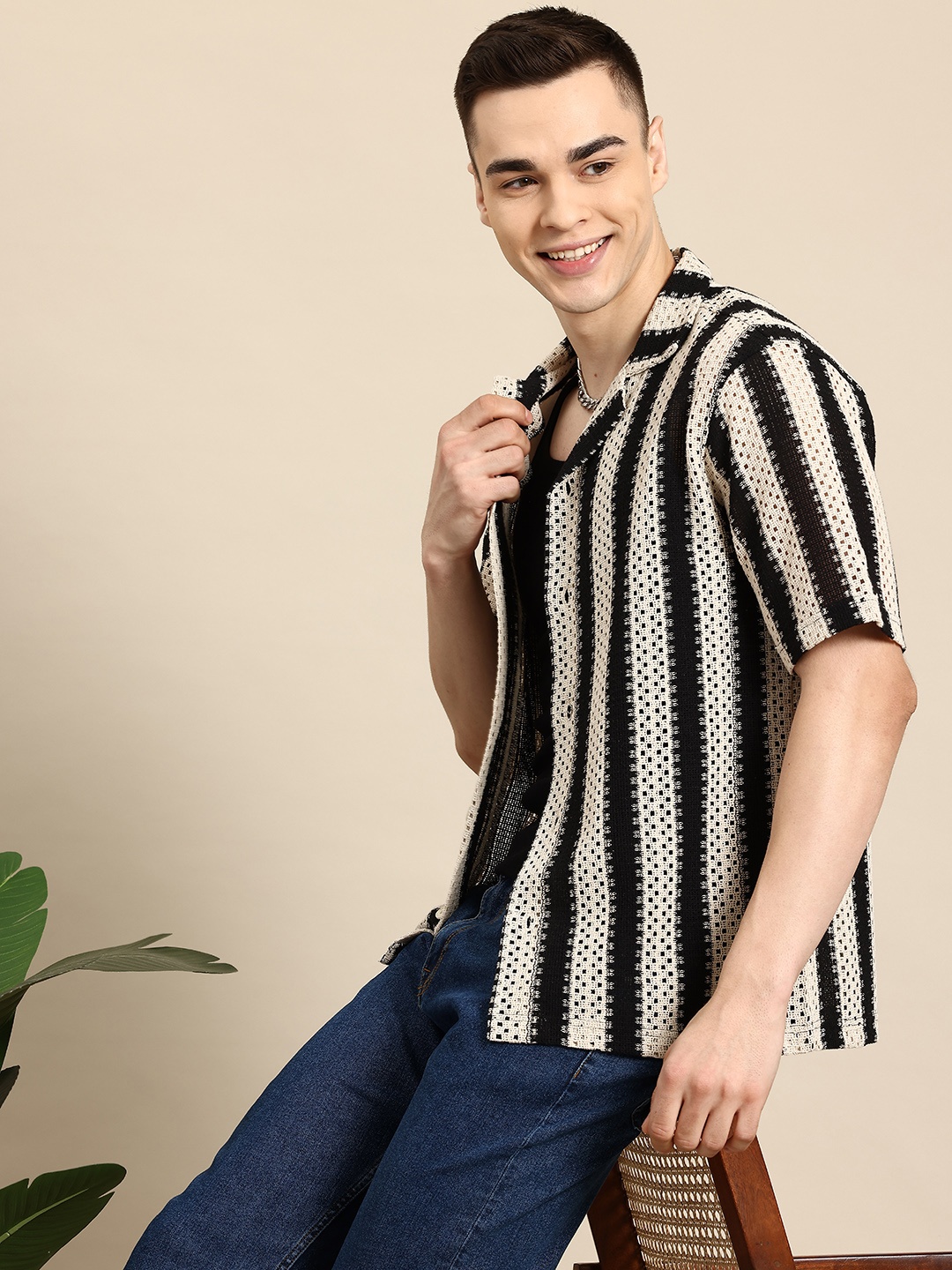 

Mast & Harbour Men Classic Cuban Collar Relaxed Fit Semi Sheer Casual Shirt, Black