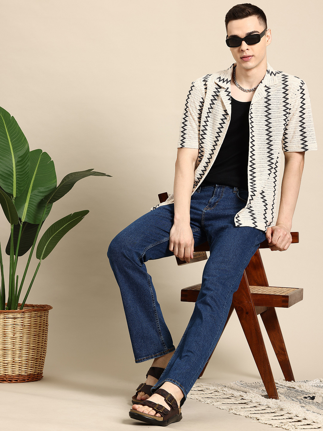 

Mast & Harbour Men Classic Chevron Cuban Collar Relaxed Fit Semi Sheer Casual Shirt, Multi
