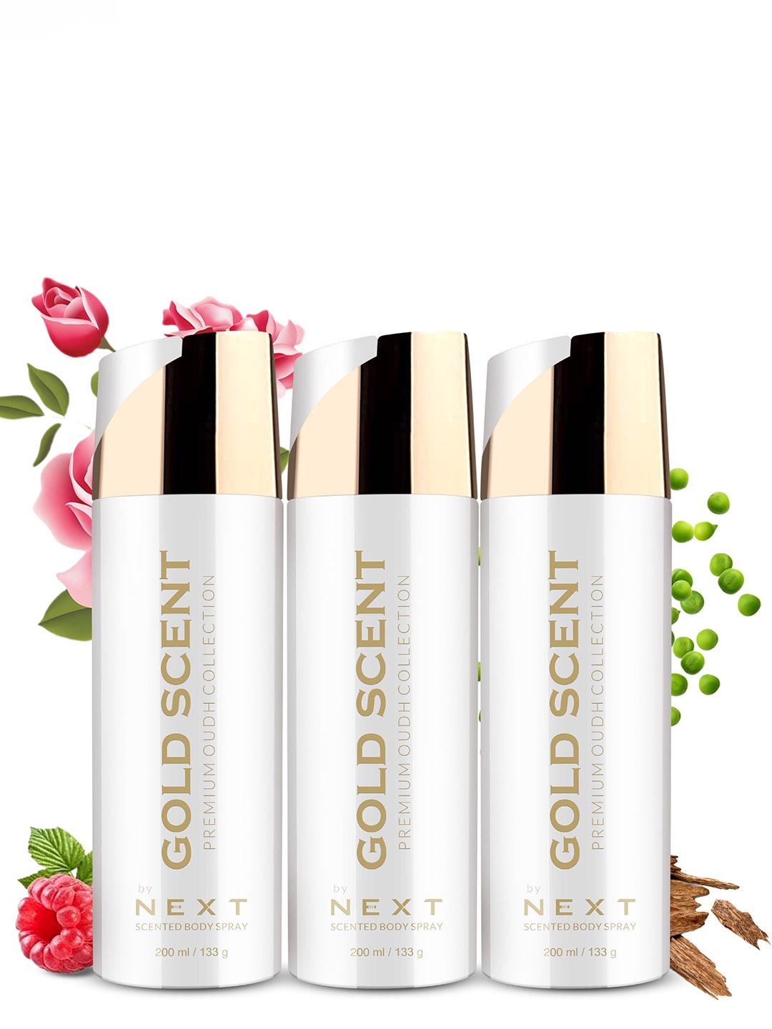 

NEXT CARE Set Of 3 Gold Scent Premium Oudh Body Spray - 200 ml Each, White