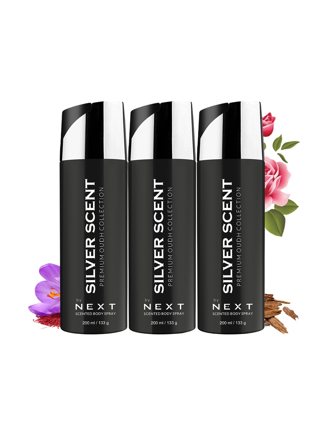 

NEXT CARE Set Of 3 Silver Scent Premium Oudh Body Spray- 200 ml Each, Black