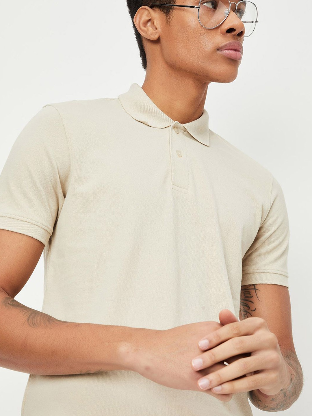 

max Men Polo Collar Solid T-shirt, Beige
