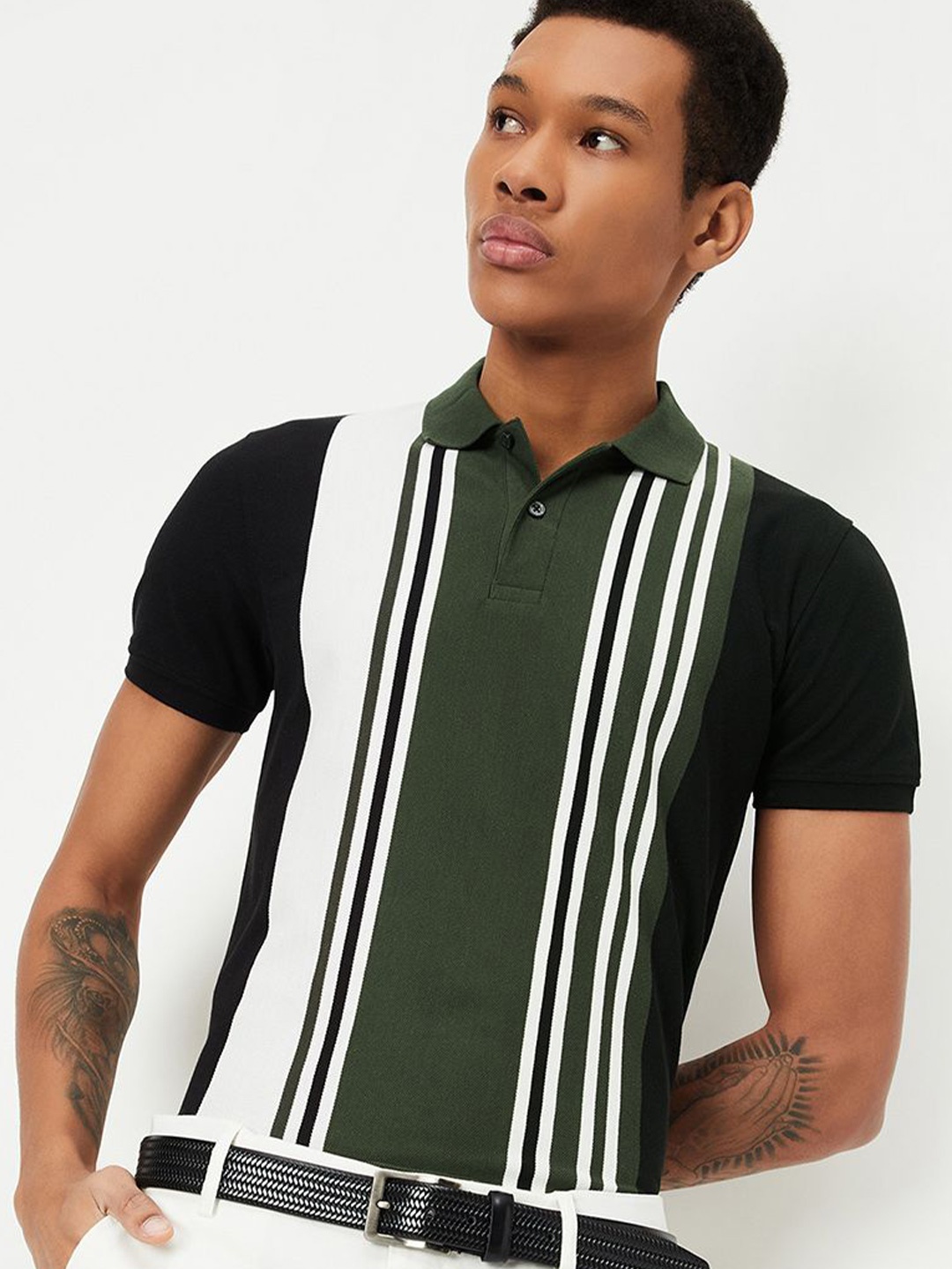

max Men Striped Polo Collar T-shirt, Green