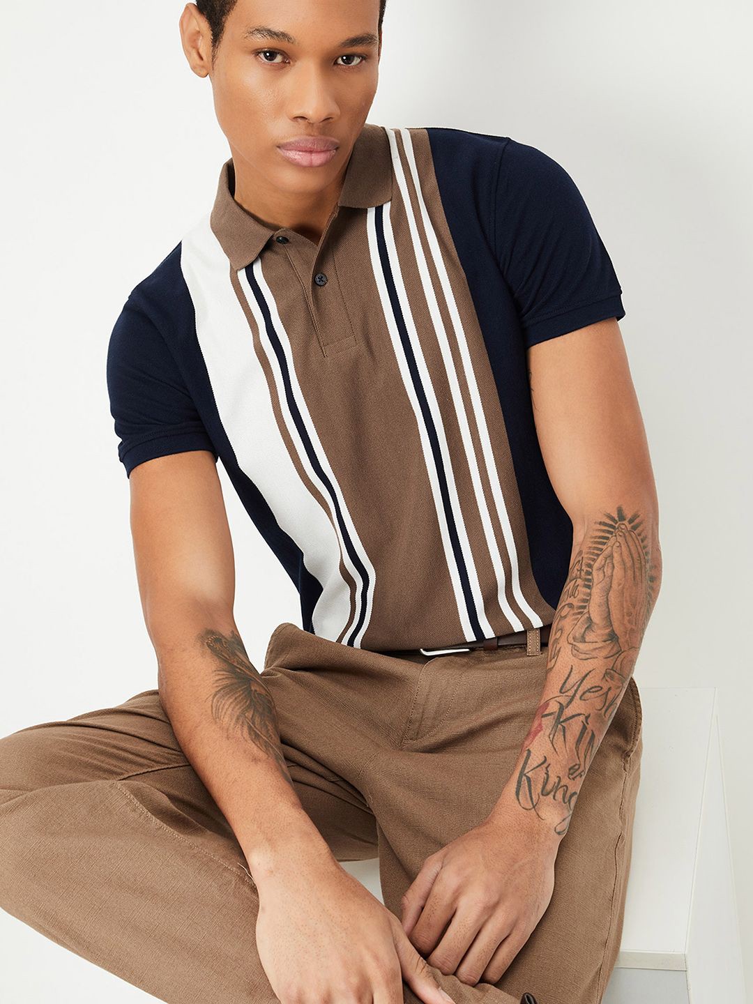 

max Men Striped Polo Collar T-shirt, Brown