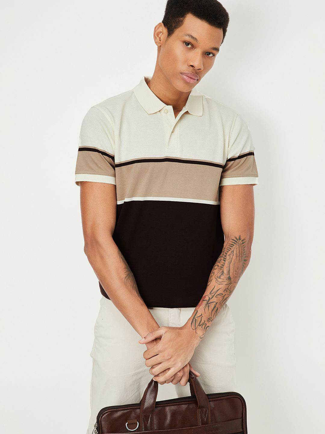 

max Men Colourblocked Striped Polo Collar T-shirt, Brown