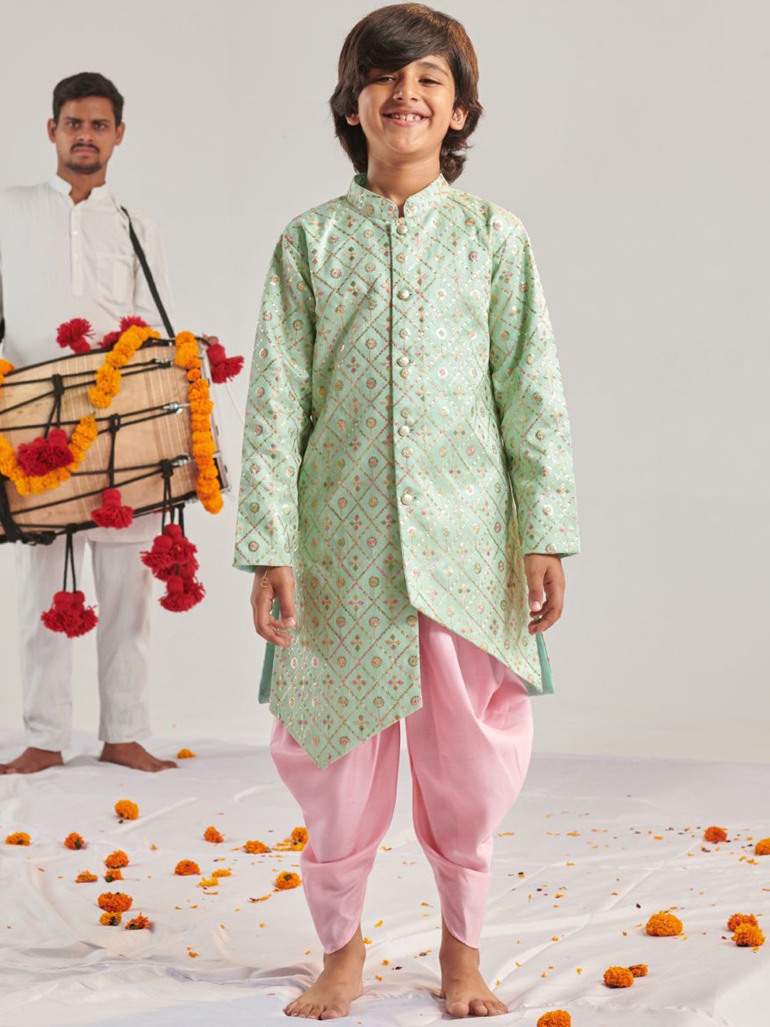 

pspeaches Boys Embroidered Regular Kurta with Dhoti Pants, Green