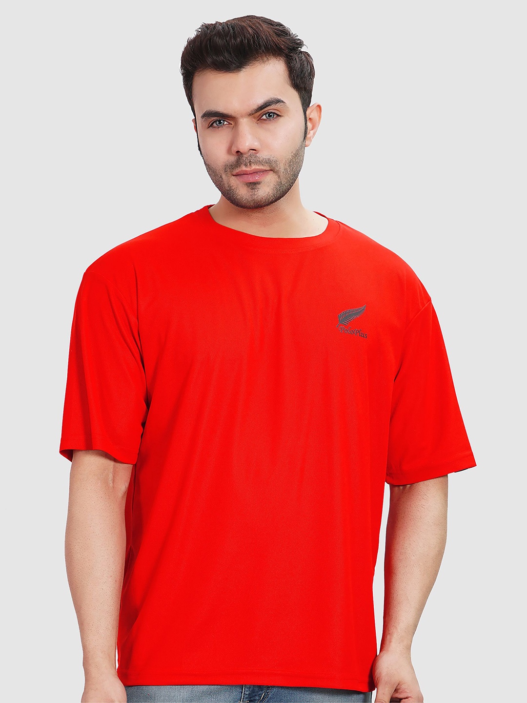 

Polo Plus Men Coolmax Embroidered Solid Oversized Drop Shoulder Cherry Red T-shirt