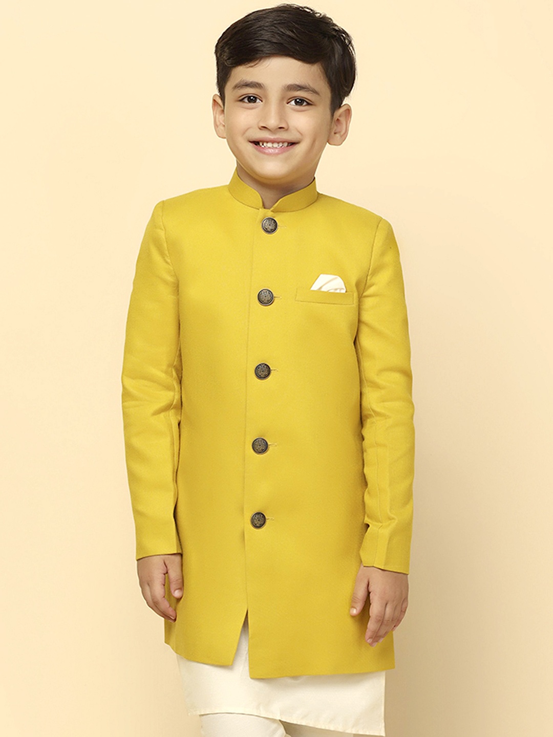 

KISAH Men Boys Mandarin Collar Longline Indowestern Sherwani, Mustard