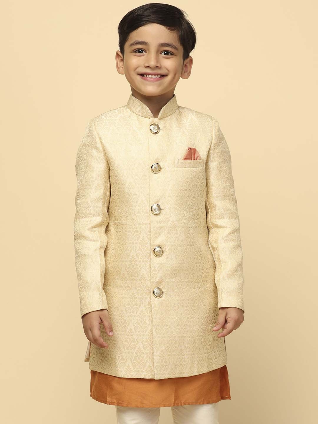 

KISAH Men Boys Ethnic Woven Design Mandarin Collar Longline Indowestern Sherwani, Cream