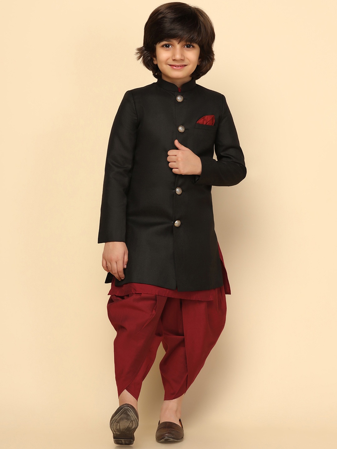 

KISAH Boys Mandarin Collar Longline Indowestern Sherwani, Black