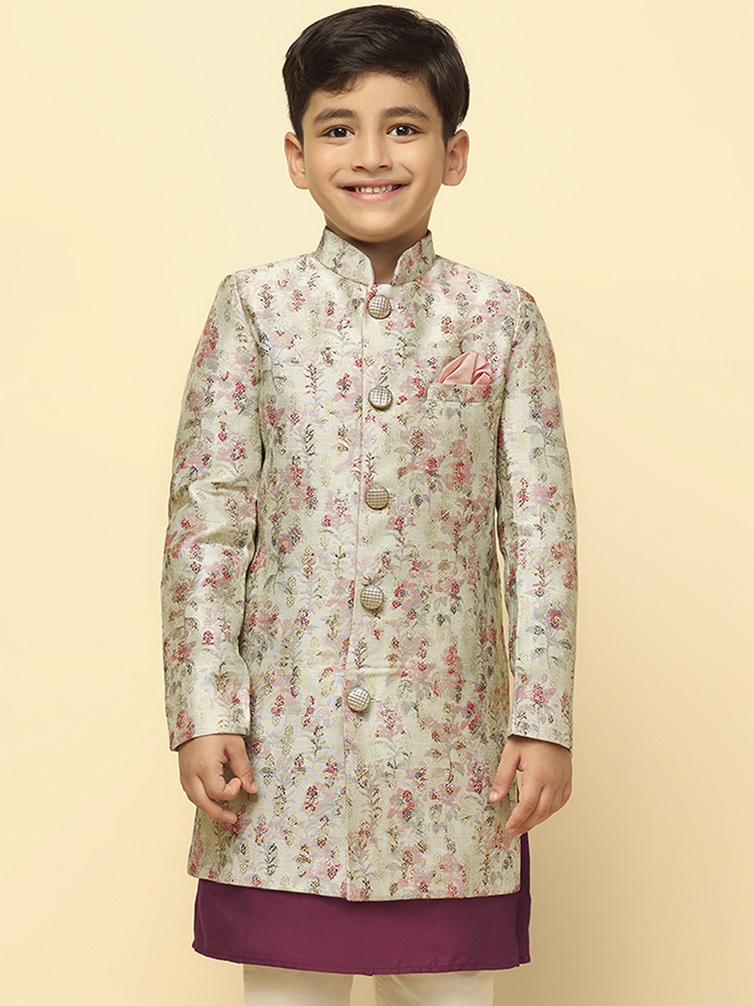 

KISAH Boys Floral Printed Mandarin Collar Longline Indowestern Sherwani, Grey