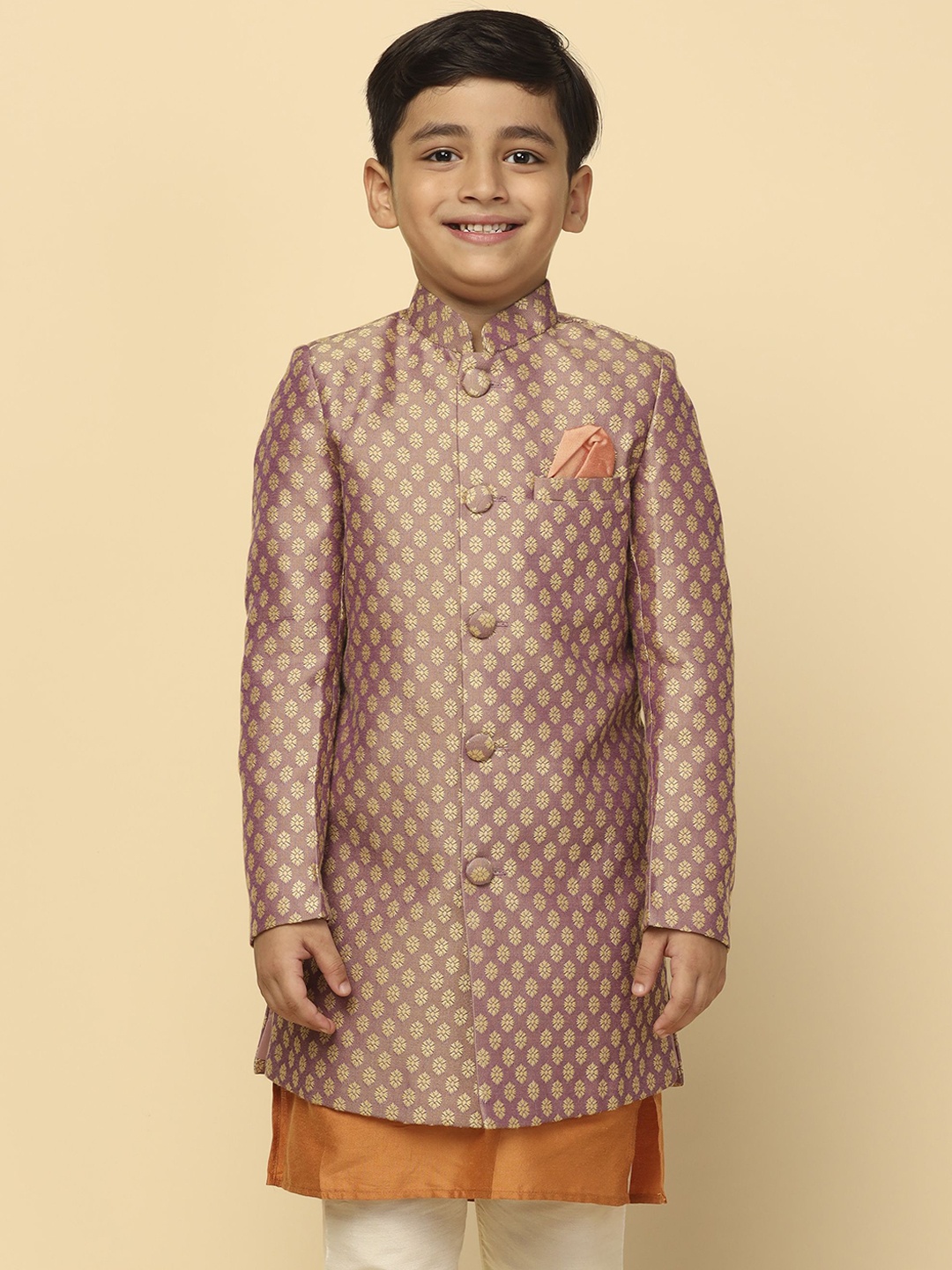 

KISAH Men Boys Geometric Printed Mandarin Collar Longline Indowestern Sherwani, Mauve