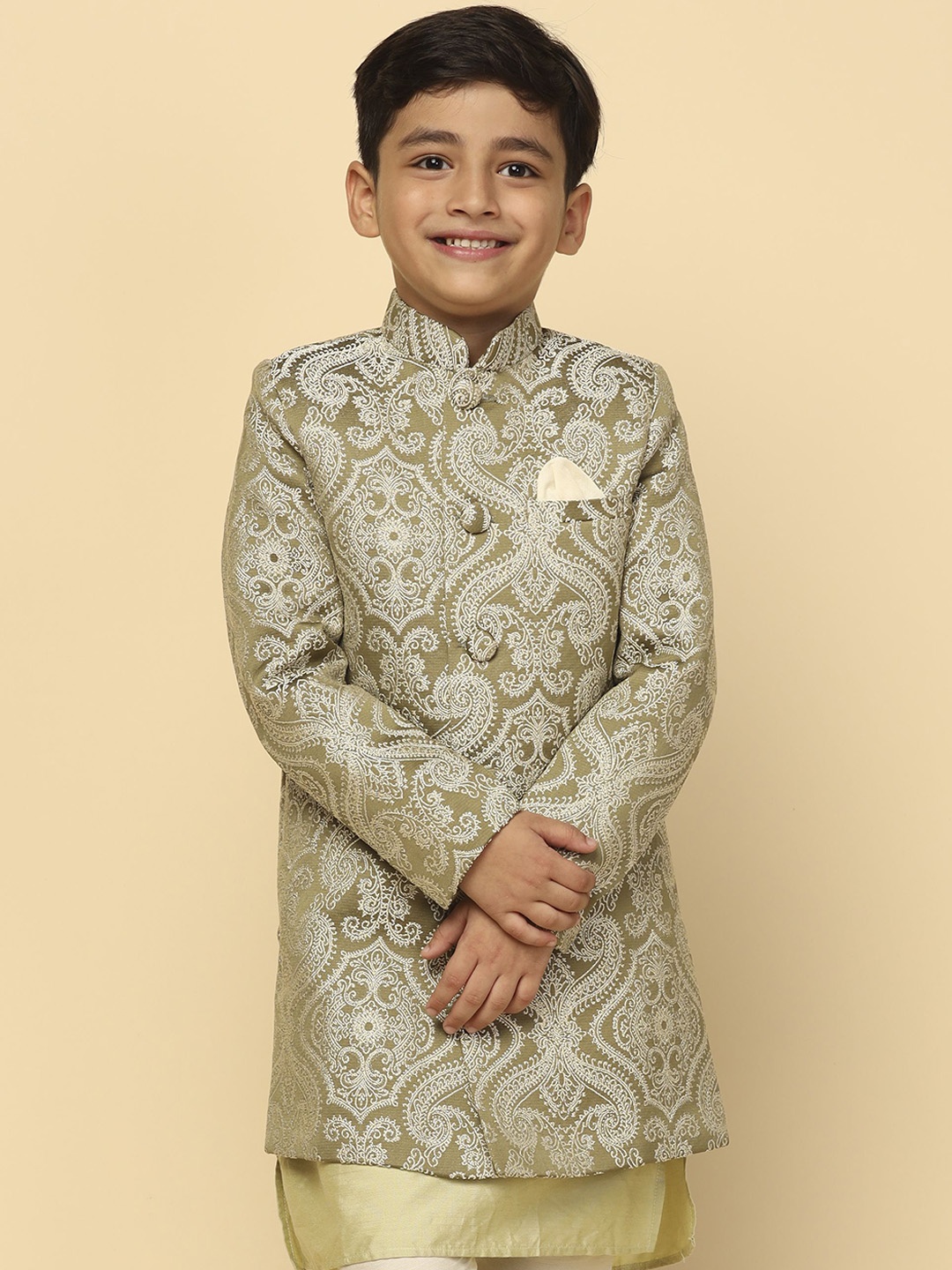 

KISAH Boys Ethnic Woven Design Mandarin Collar Longline Indowestern Sherwani, Olive