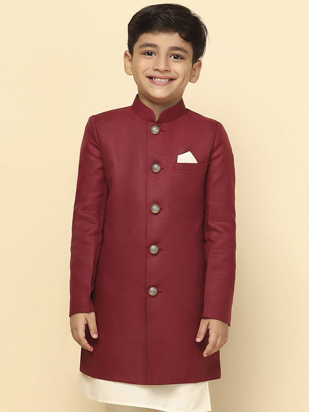 

KISAH Boys Mandarin Collar Longline Indowestern Sherwani, Maroon