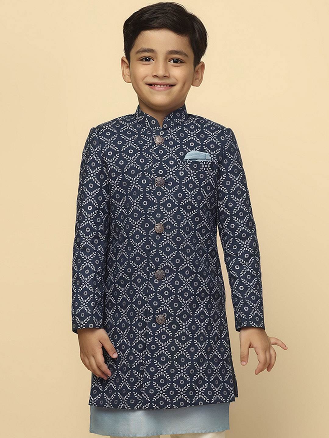 

KISAH Boys Geometric Printed Mandarin Collar Longline Indowestern Sherwani, Blue