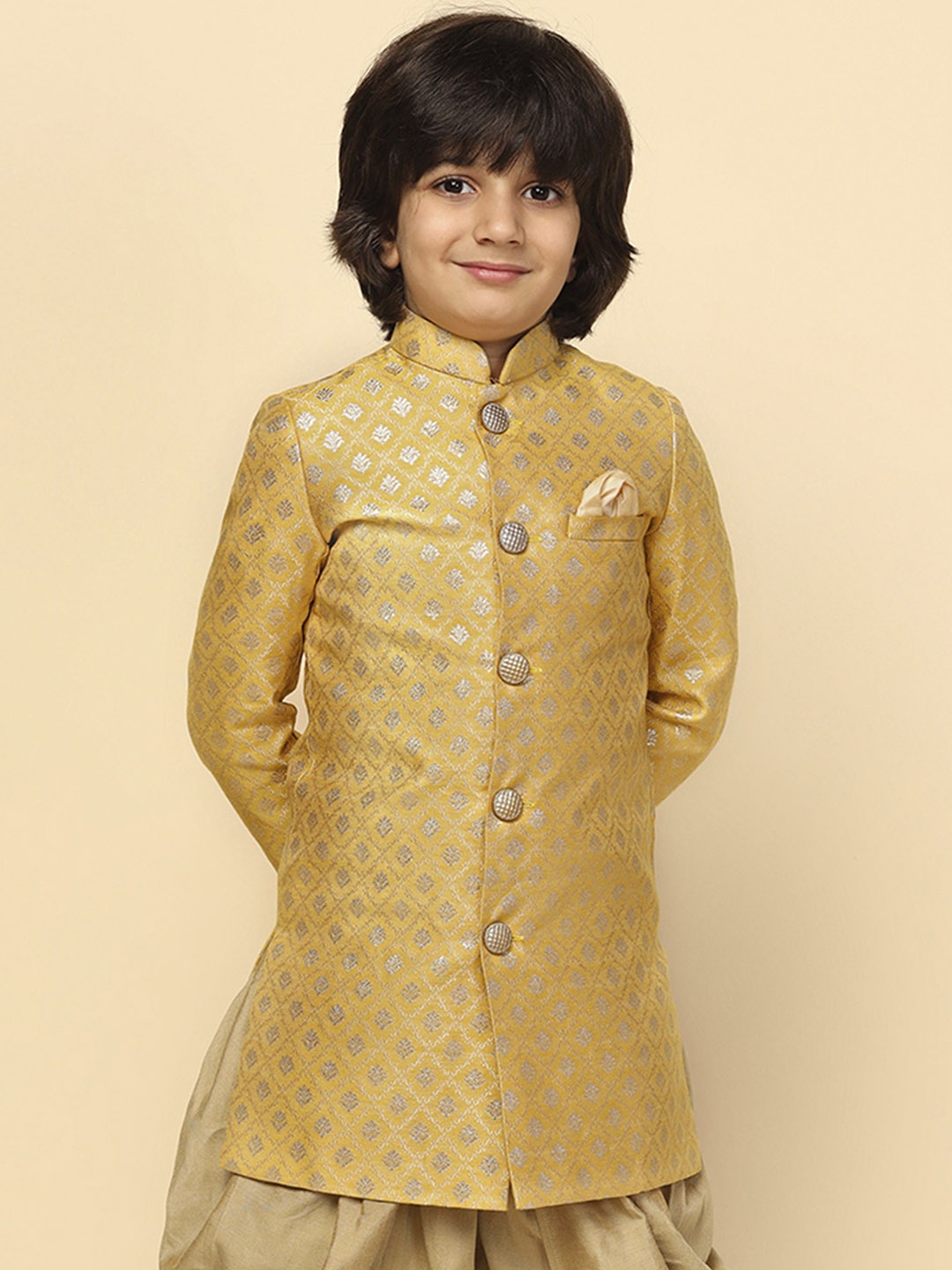 

KISAH Boys Ethnic Woven Design Mandarin Collar Longline Indowestern Sherwani, Mustard