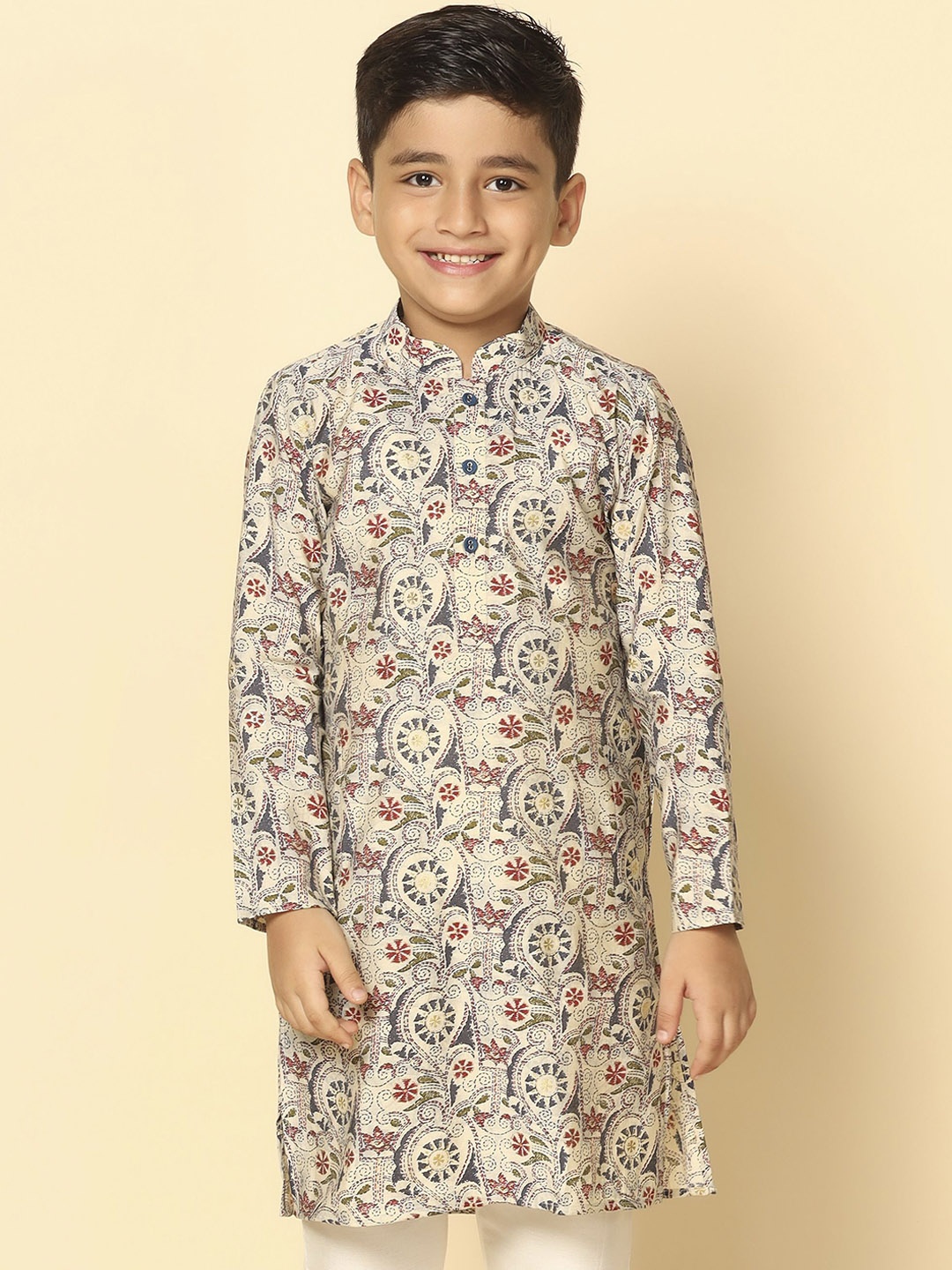 

KISAH Boys Floral Printed Pathani Kurta, White