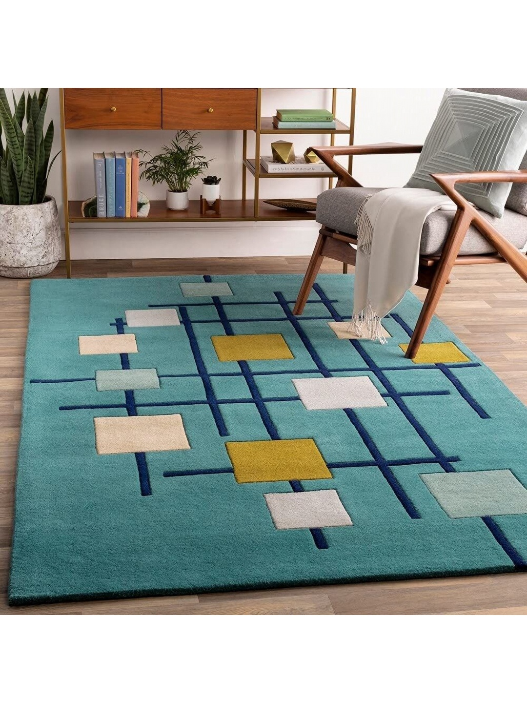 

IMRA CARPET Turquoise Blue Geometric Handmade Woollen Carpet