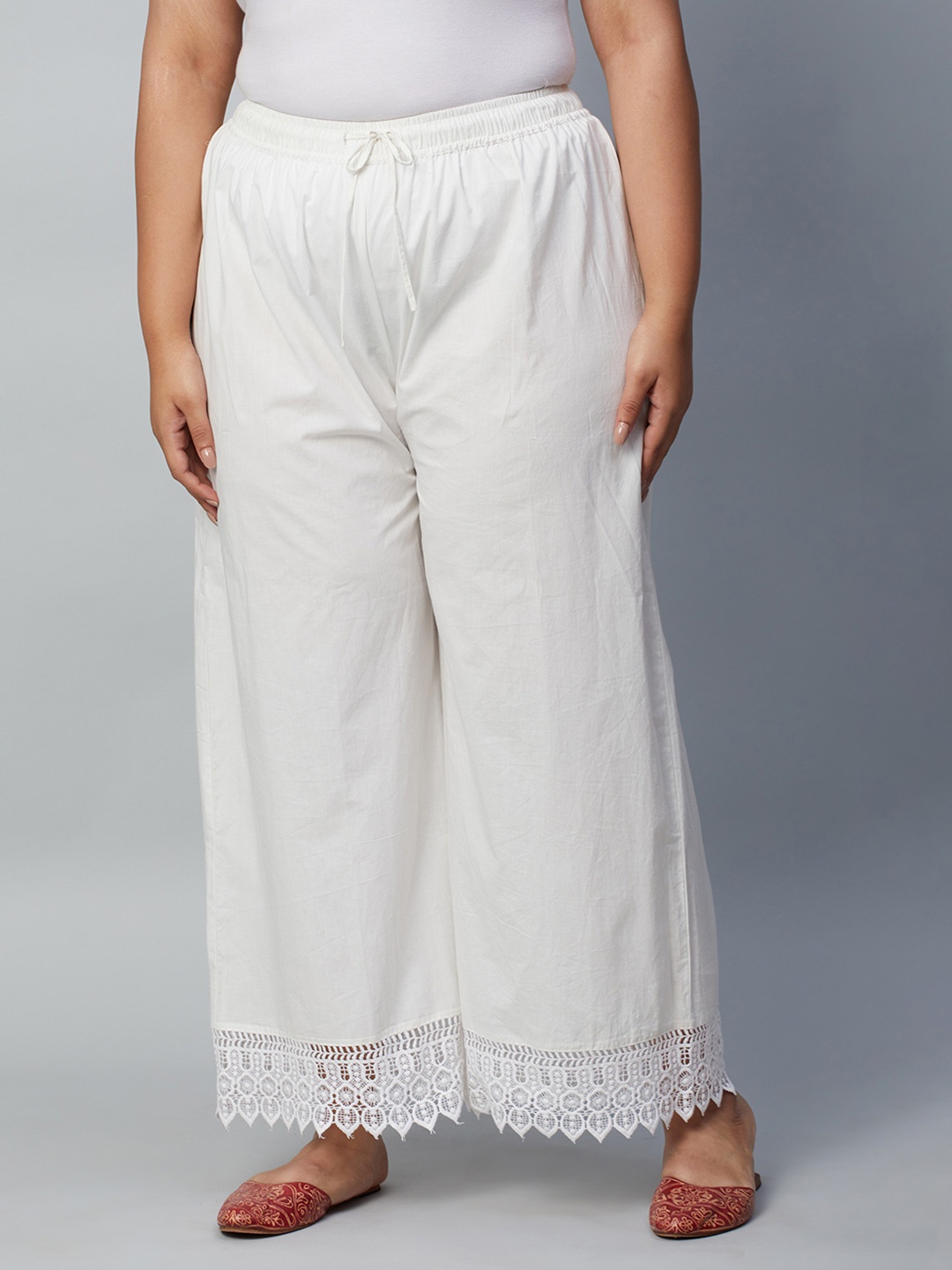 

Big Hello - The Plus Life Wide Leg Pure Cotton Breathable Palazzos With Lace Detail, White