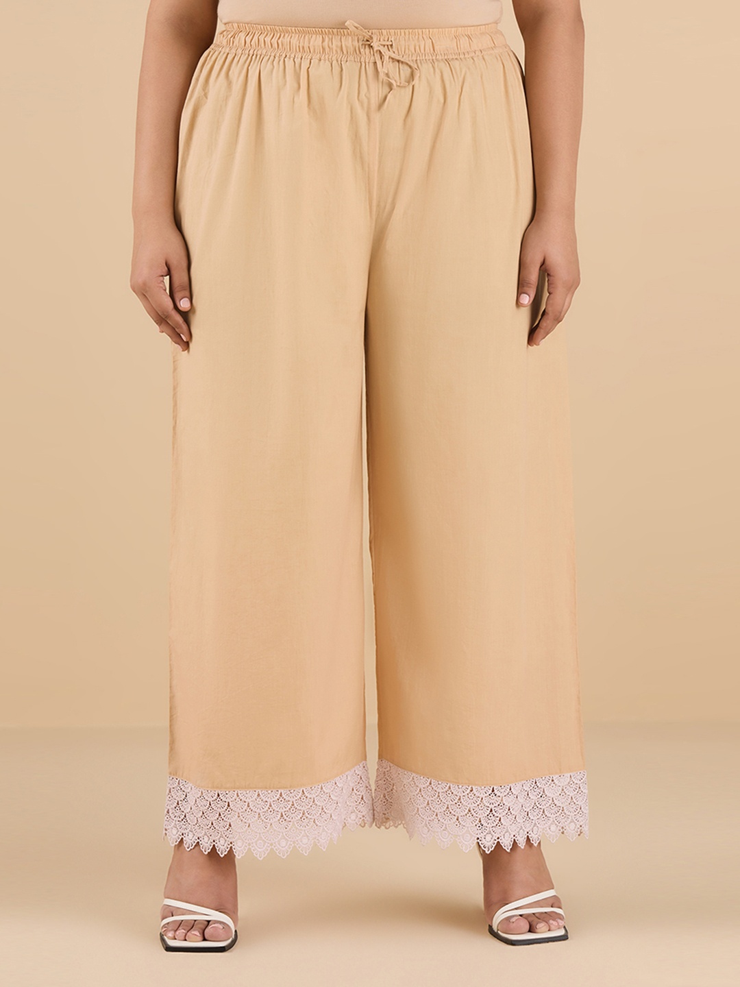 

Big Hello - The Plus Life Wide Leg Pure Cotton Palazzos With Lace Detail, Beige