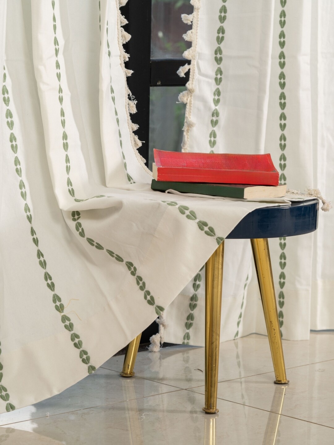 

URBAN SPACE Green & Off White Embroidered Window Curtain