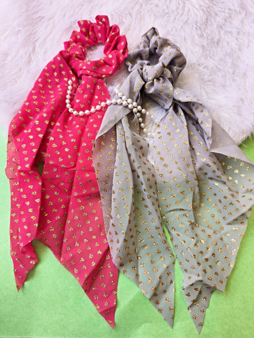

Proplady Women Set of 2 Chiffon Foil Printed Embellished Ponytail Holders, Pink