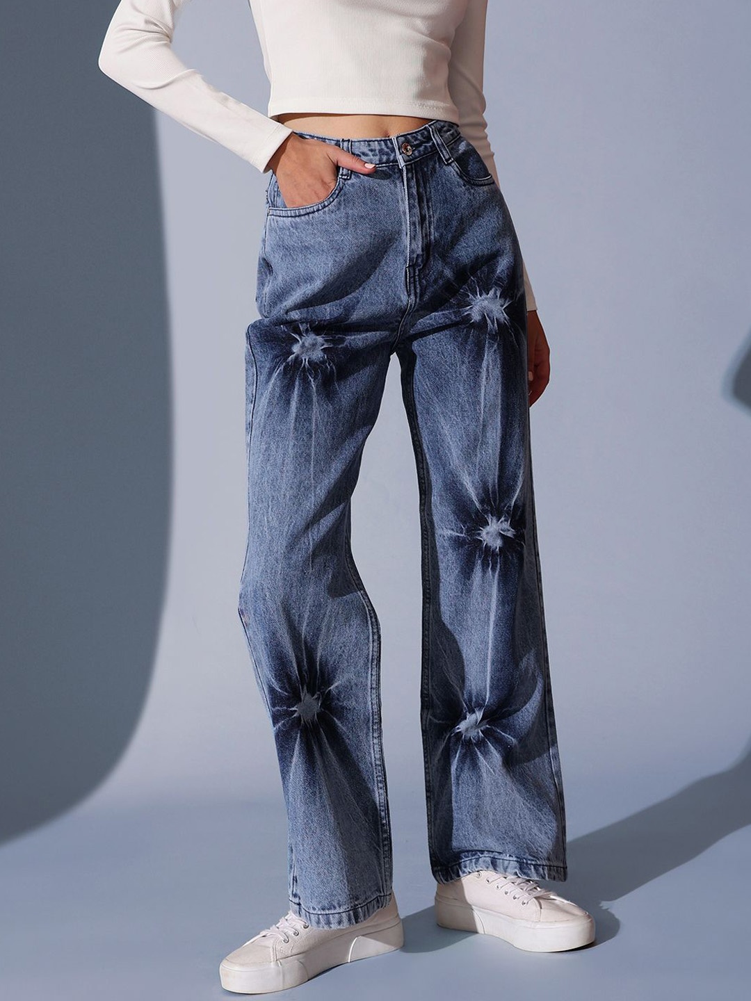 

STREET 9 Women Comfort Wide Leg High-Rise Heavy Fade Jeans, Blue
