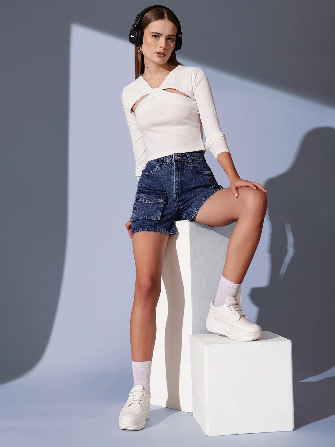 

STREET 9 V-Neck Cut Outs Solid Crop Top, White