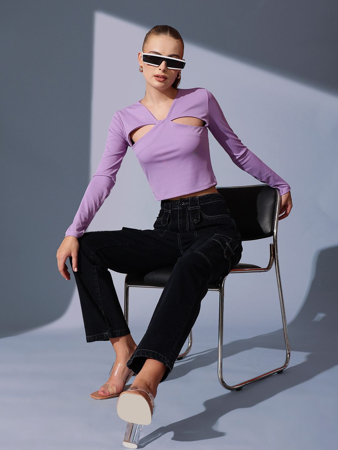 

STREET 9 V-Neck Cut Outs Solid Crop Top, Lavender