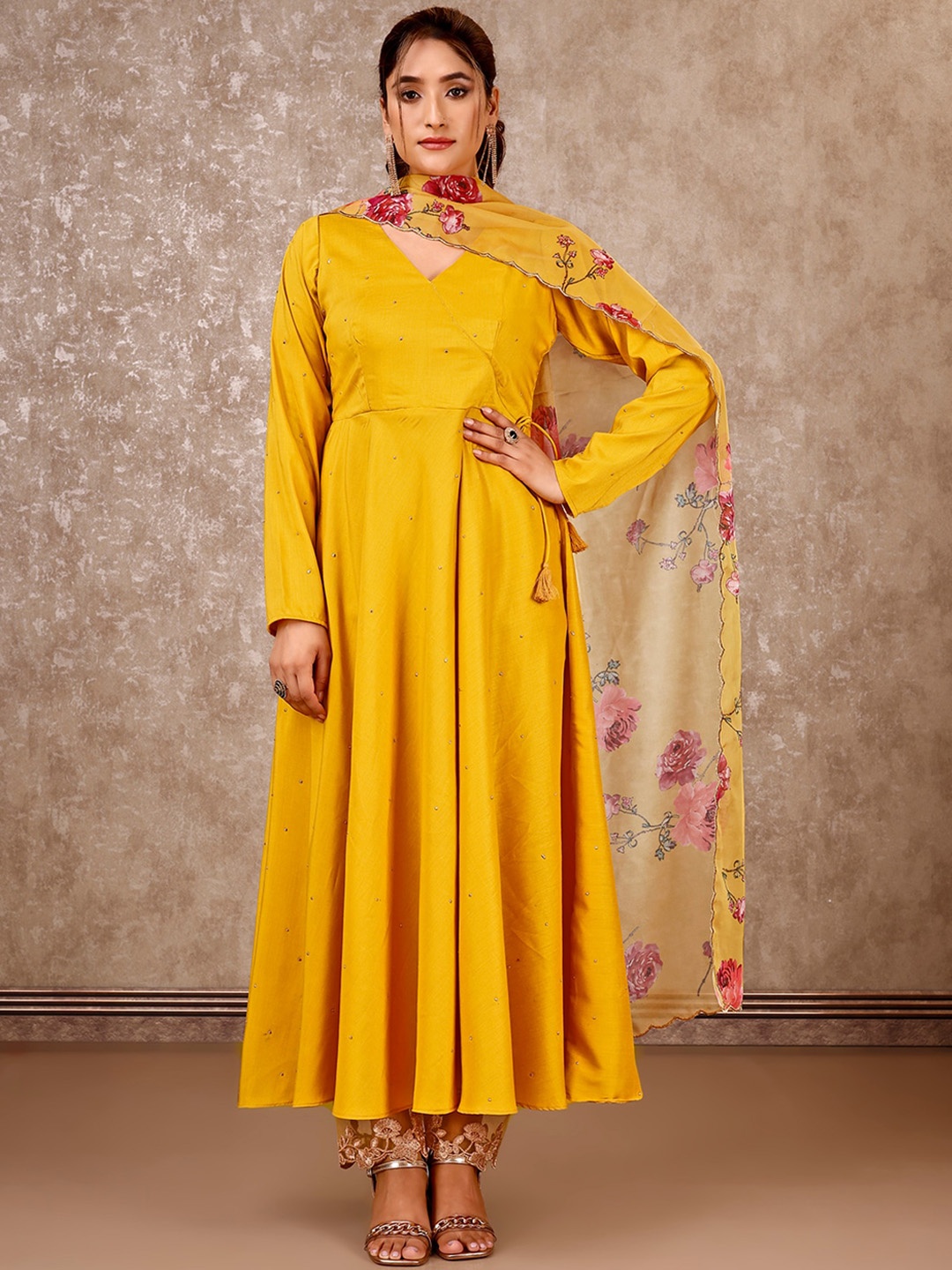 

SANSKAR Women Angrakha Mukaish Kurta with Trousers & With Dupatta, Yellow